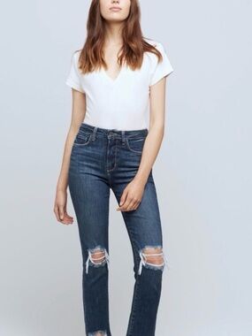 L’Agence Women's High Rise Skinny Jeans with raw hem and distressed knees